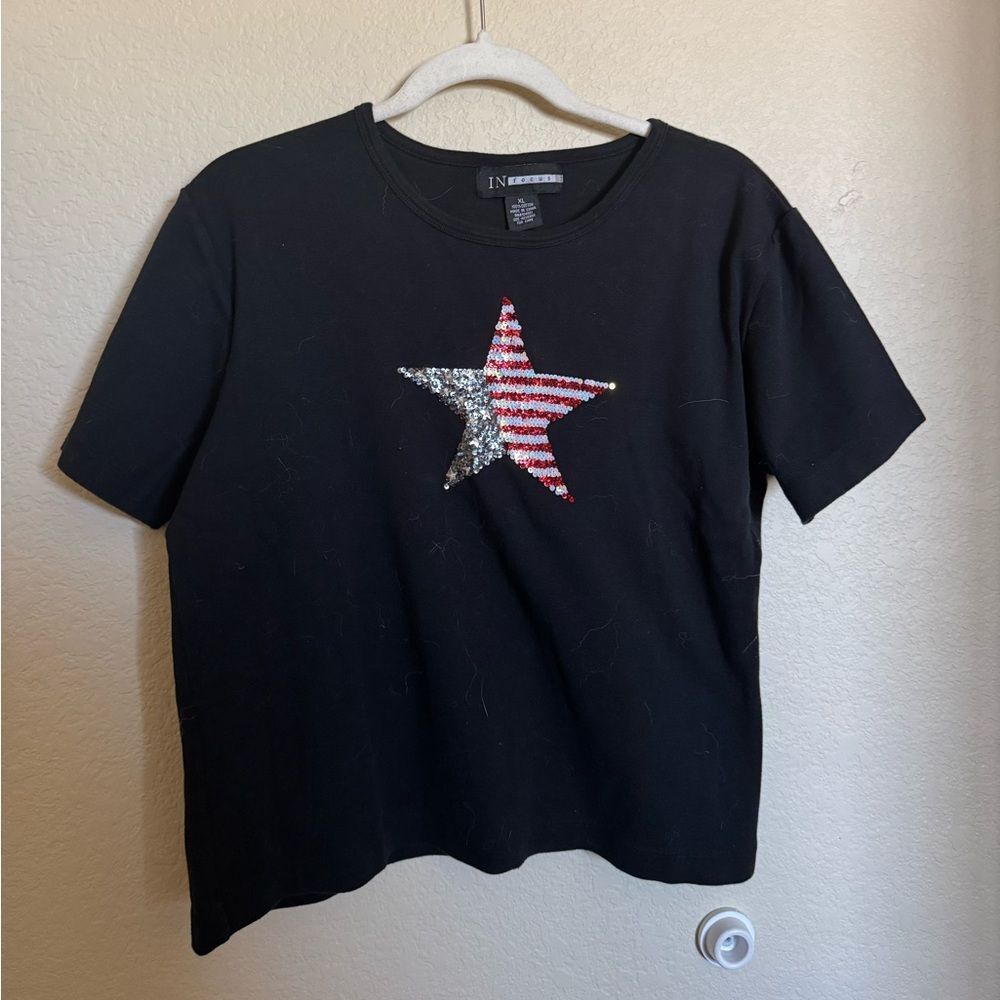Vintage 90s Y2K‎ Sequin American Flag Star Graphic Tee Shirt Sz XL in Black